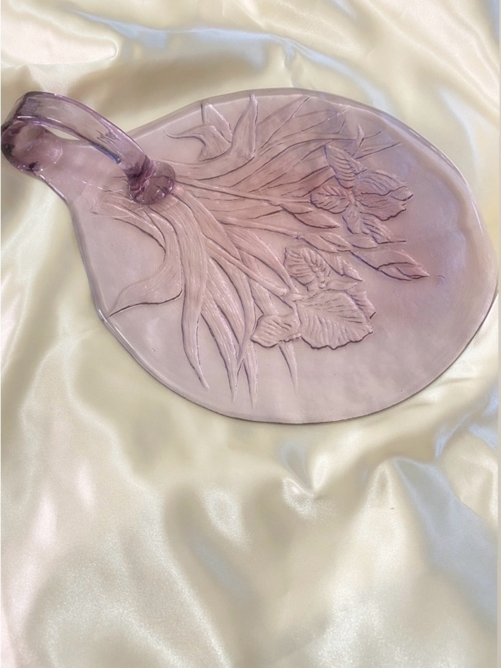 Vintage Purple Glass Platter with Handle Floral Etching Iris